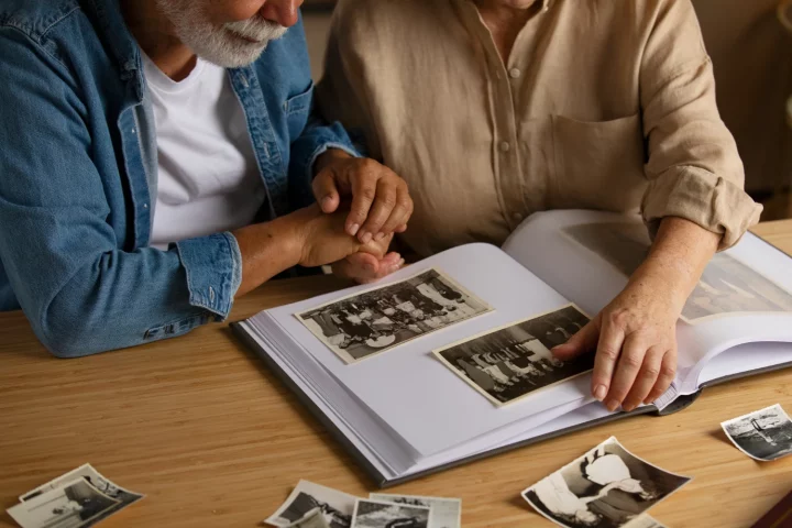 Familiares olhando álbum de fotografias antigas fazendo para fazer pesquisa genealógica.